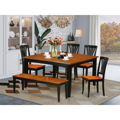 6 Piece Dining Set Contains a Square Dining Table with Butterfly Leaf and 4 Kitchen Chairs with a Bench, 54x54 Inch, Black & Cherry