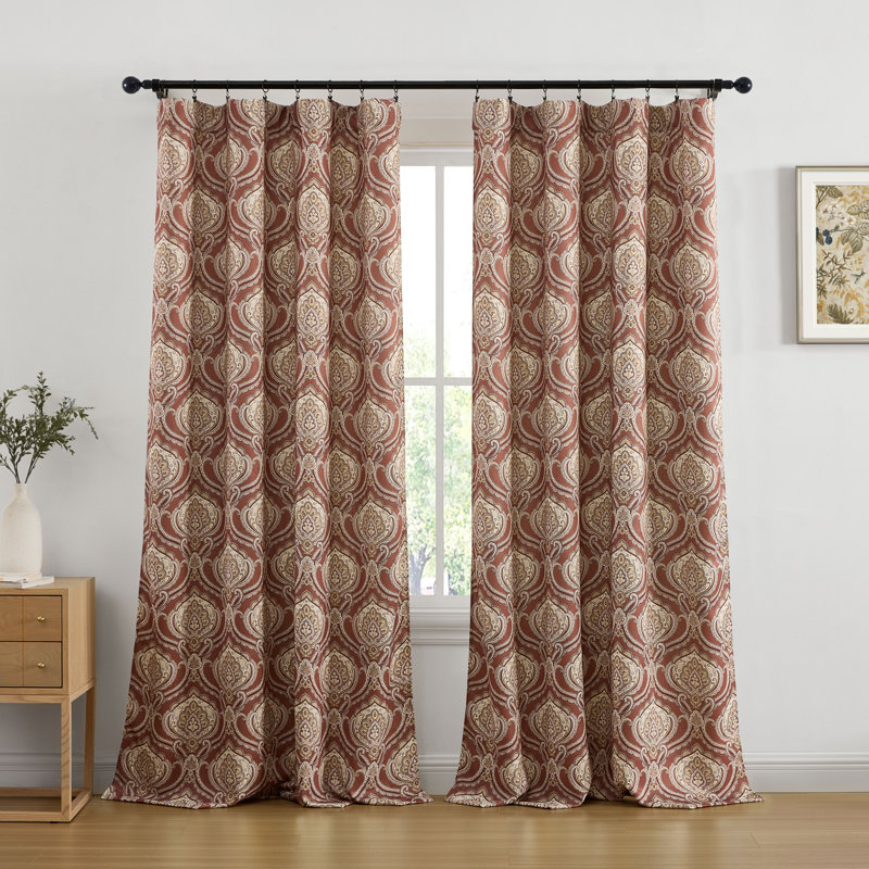 Messina Paisley Damask Patterned Window Back Tab Rod Pocket Curtains Bedroom - Light Blocking Darkening Window Panels, Set of 2