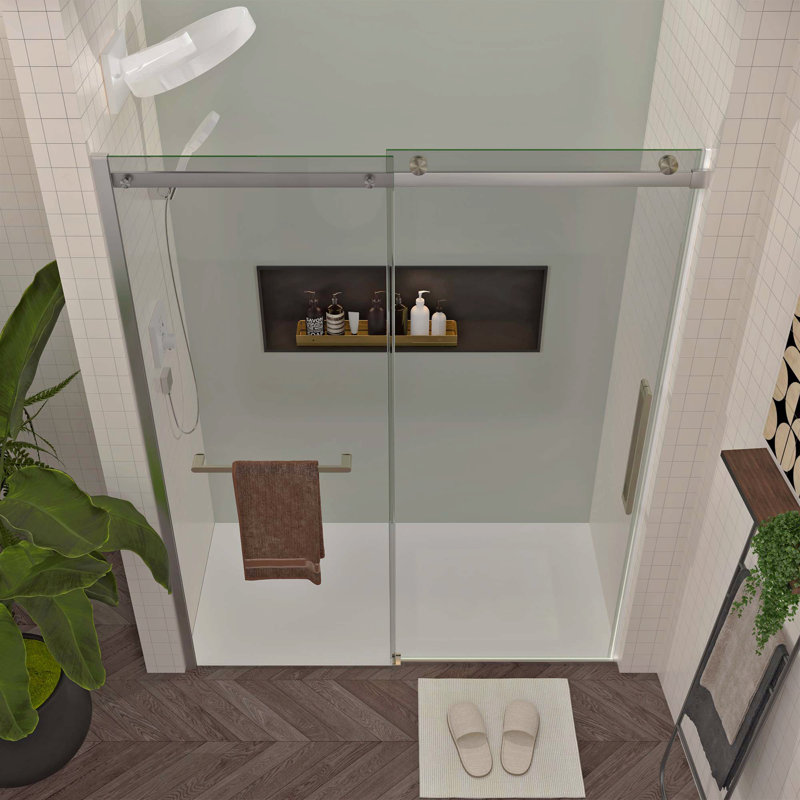 56-60"W X 76"H Sliding Shower Door, Frameless Glass Shower Door With Brushed Nickel Hardware, Towel Bar And Handle,Drop Shipping Available
