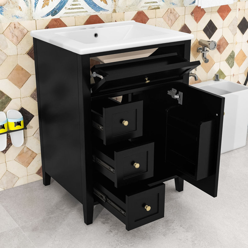 24-Inch Bathroom Vanity with Ceramic Sink, Adjustable Shelves and 4 Drawers, Black