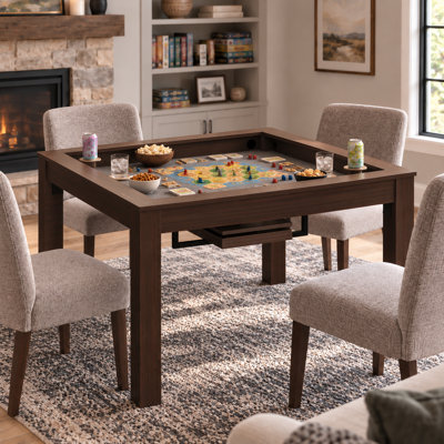 Table de jeu carrée de 120 cm (47,2 po) avec plateau amovible à 4 panneaux, surface de jeu encastrée doublée de feutre, table de jeu et de salle à manger pour 2 à 6 joueurs, brun noyer
