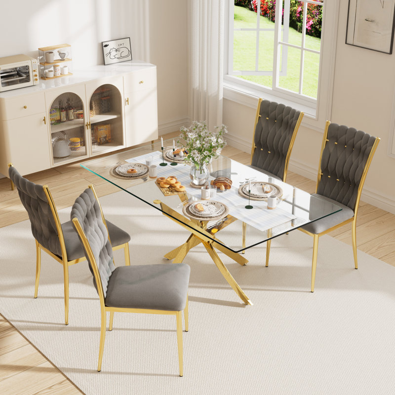 63" Rectangular Tempered Glass Table set, 5, Gray/Gold