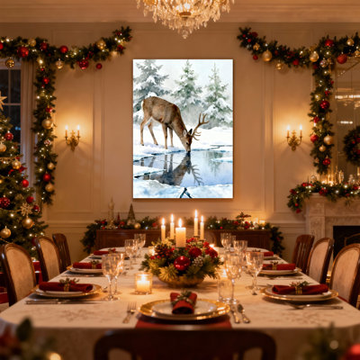 Christmas Deer Drinking Water In Winter Landscape Set of 3 Canvas Wall Art Prints
