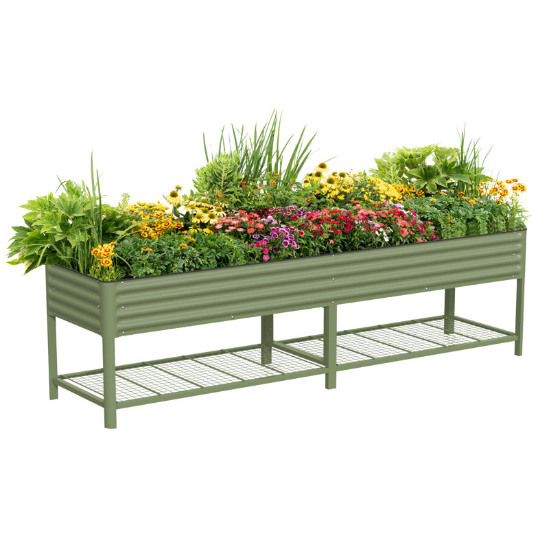 32" Tall 120" Long Metal Outdoor Elevated Planter, Olive Green