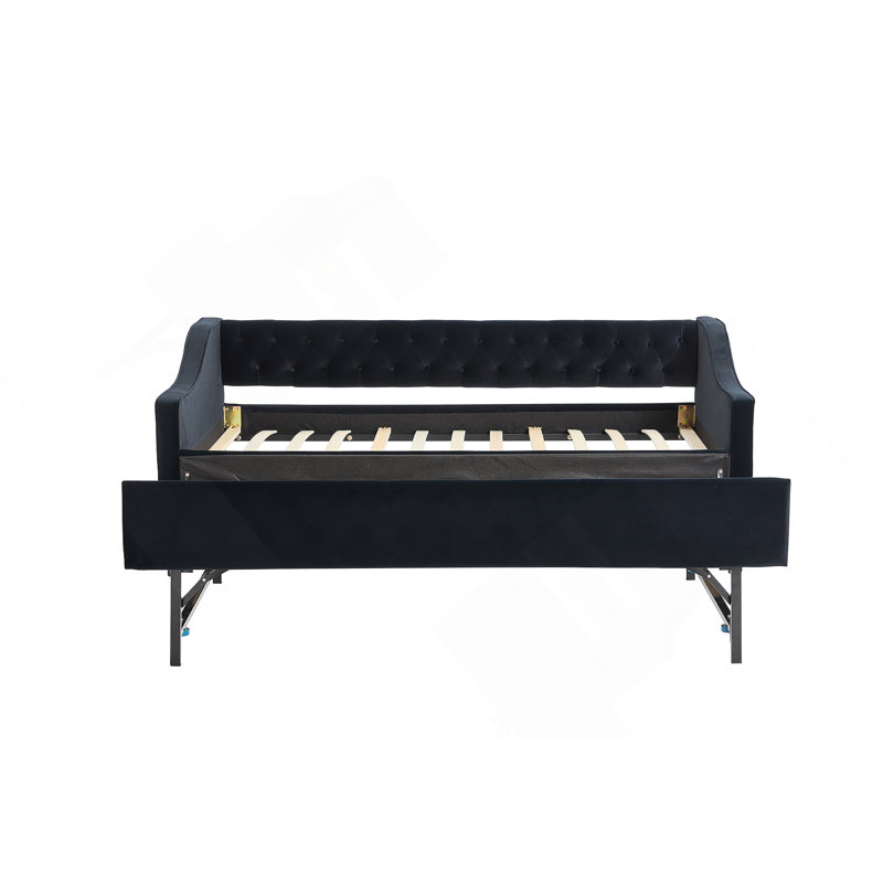 Twin Size Upholstered Daybed With Trundle,USB Port ,Side Pockets,Velvet Daybed With Button On Back And Piping On Waved Shape Arms For Bedroom Guest Room