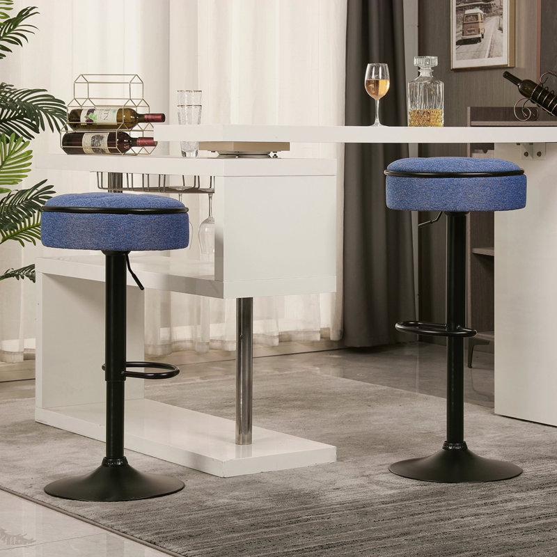 Ensemble de 2 tabourets de bar ronds avec rangement, tabouret de bar à hauteur réglable en lin, tabouret pivotant à 360 °, chaise de bar sans accoudoirs avec structure en métal pour comptoir de cuisine