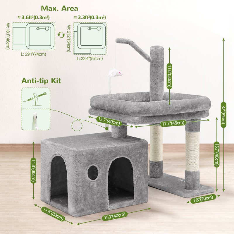 CT33F Small Cat Tree For Indoor Cats With Extra-Large Padded Platform And Spacious Condo For Senior, Adult Cats, And Kittens.