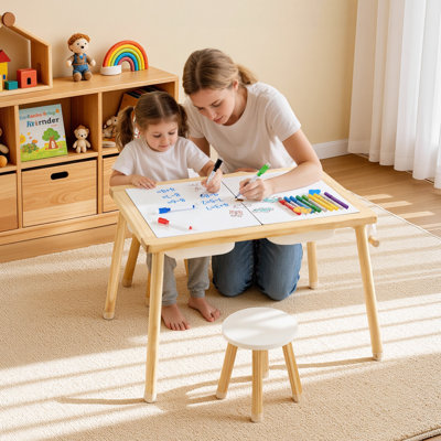 Sensory Table for Toddlers, Wooden Kids Activity Table with 2 Stools, Double-Sided Board, Storage Bins, and Non-Slip Feet, for Boys and Girls Playing Sand and Water, Drawing, Studying, Dining