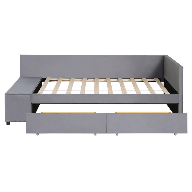 Lit plateforme tapissier en L avec tiroirs, Gris