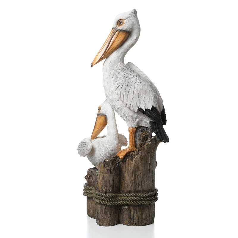 Coastal Pelican Pair on Faux Wood Pilings Statue