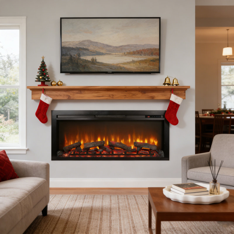 Foyer électrique encastré 44 "avec télécommande - Imitation flamme réaliste, chauffage à DEL, conception murale