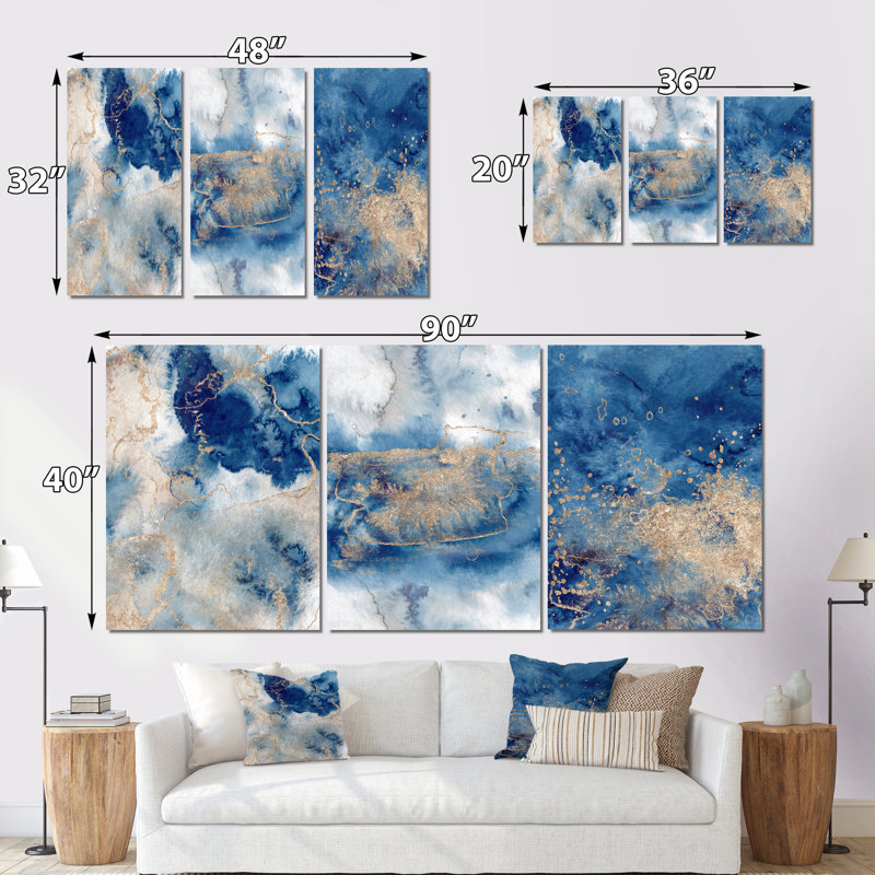 Art mural en marbre bleu doré, ensemble abstrait moderne - nuages de marbre bleu et or III, H 40 po x l 90 po x P 1,5 po