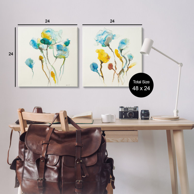 "Watercolor Teal & Yellow Flowers", ensemble de 2 toiles murales par Patti Mann, H 24 po x l 24 po