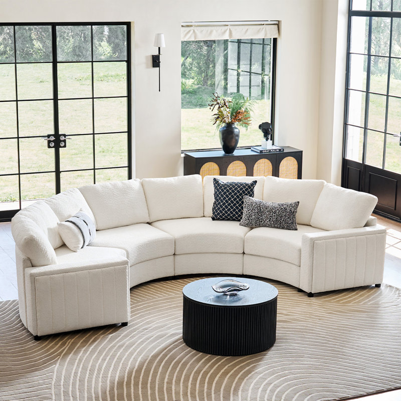 Grandon 138" Modern Modular Curved Sectional Sofa without Ottoman, Ivory Polyester