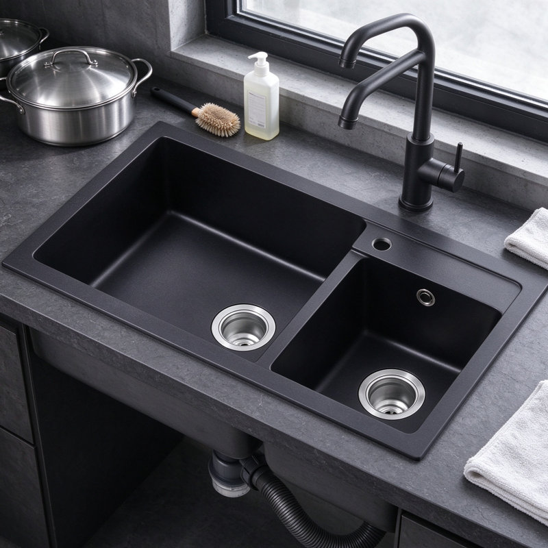 Black Quartz Composite Double Bowl Drop-In Kitchen Sink