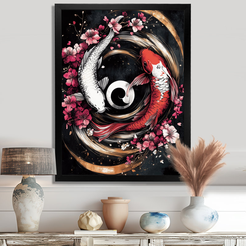 Sakura Yin et Yang Koi Pond I - reproduction d'art mural Kois Fish, Toile encadrée noire simple, H 44 po x l 34 po x P 1,5 po