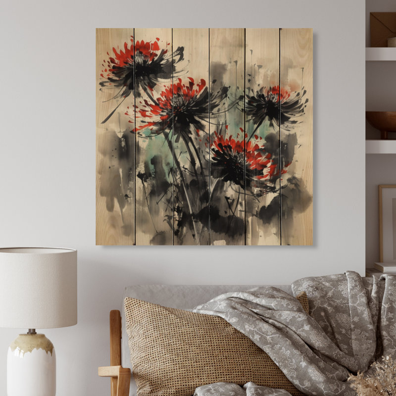 Stenamezon, fleur rouge floue sur bois, H 15 po x l 15 po x P 0,78 po