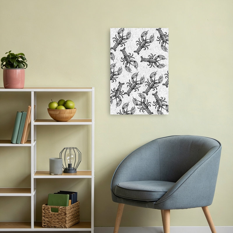 Motif de homard dessiné à la main, rétro, homard rétro, plage de l'océan, impression murale, 24" H x 16" W