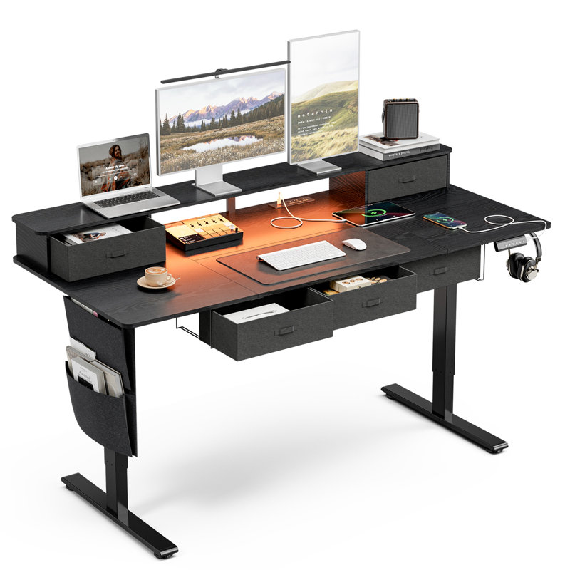 Bureau assis-debout avec 5 tiroirs, concentrateur électrique, lumières DEL, tablette de moniteur et gestion des câbles, Noir