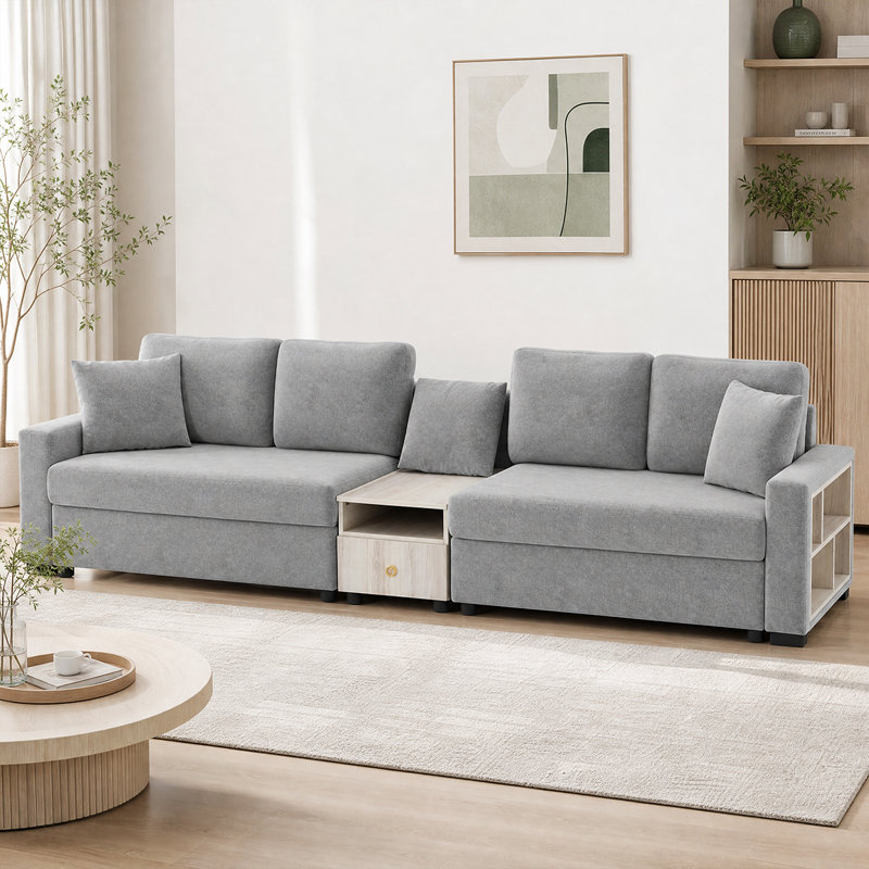 Canapé modulaire avec console centrale intégrée et accoudoirs de rangement pour les meubles de salon, Gris