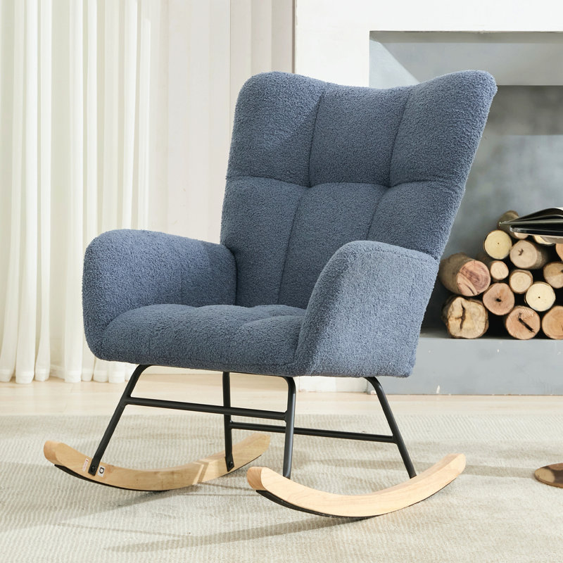 Fauteuil berçant à bascule en tissu Teddy avec poche de rangement latérale, confortable et doux, idéal pour l'allaitement, avec une base robuste et sécurisée en bois massif. Fauteuil d'appoint polyvalent pour la chambre d'enfant et le salon.