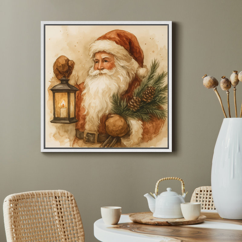 Décoration murale classique de père Noël avec lanterne et branche de pin - impression sur toile encadrée, H 16" x l 16"