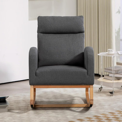 Chaise berçante rembourrée en lin avec appui-tête, fauteuil coulissant en bois d'hévéa avec poche latérale