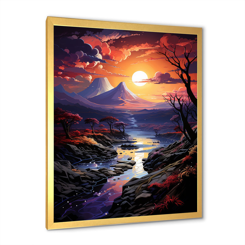 Volcan, crépuscule volcanique sur toile, Cadre doré simple, H 40 po x l 30 po x P 1,5 po