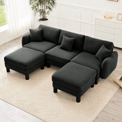 3 U Shape Sectional Couch In Dark Grey With Boucle Fabric Upholstery, Spring Coil System And Dense Foam Padding For A Relaxing Break Distinctive , 2 Ottomans Cylindrical Legs Modern Home Decor