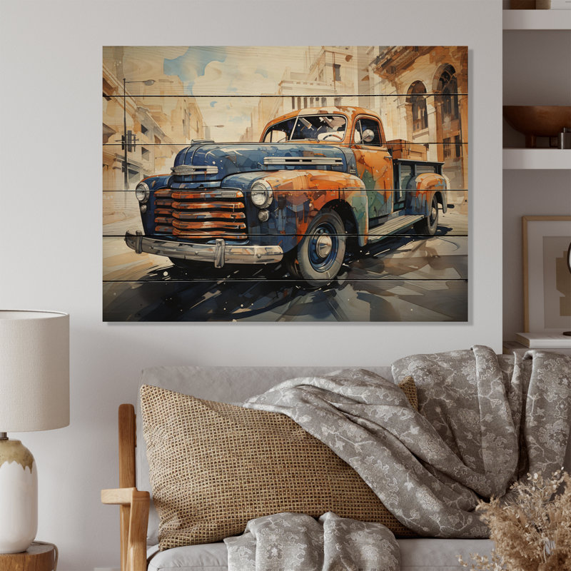 Camionnette orange, bleu, contours audacieux I sur bois, H 30 po x l 40 po x P 0,78 po