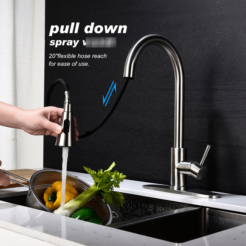 Pull Out Spray Kitchen Faucet, Brushed Nickel Decorated, Stainless Steel Composed, 360 Rotating Nozzle, Single Handle For Water Flow Control And Adjustment Faucet With Spray, Assembled, Nozzle