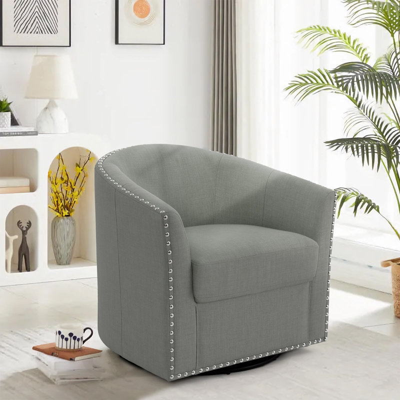Aunna Nailhead Swivel Barrel Chair, Light Gray Polyester Blend