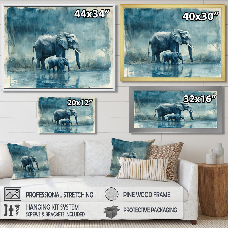 Éléphant Guffey et son veau sous la pluie - éléphant, art mural, H 30 po x l 40 po, Brun, Impression encadrée flottante