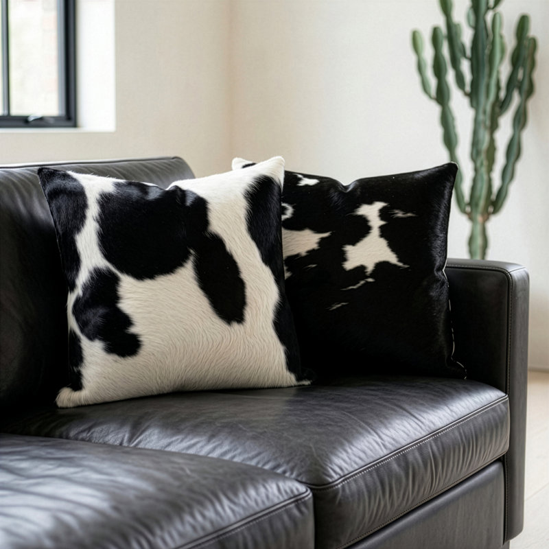 Housse de coussin décorative en cuir de vache noir et blanc - 51 x 51 cm, Noir et blanc