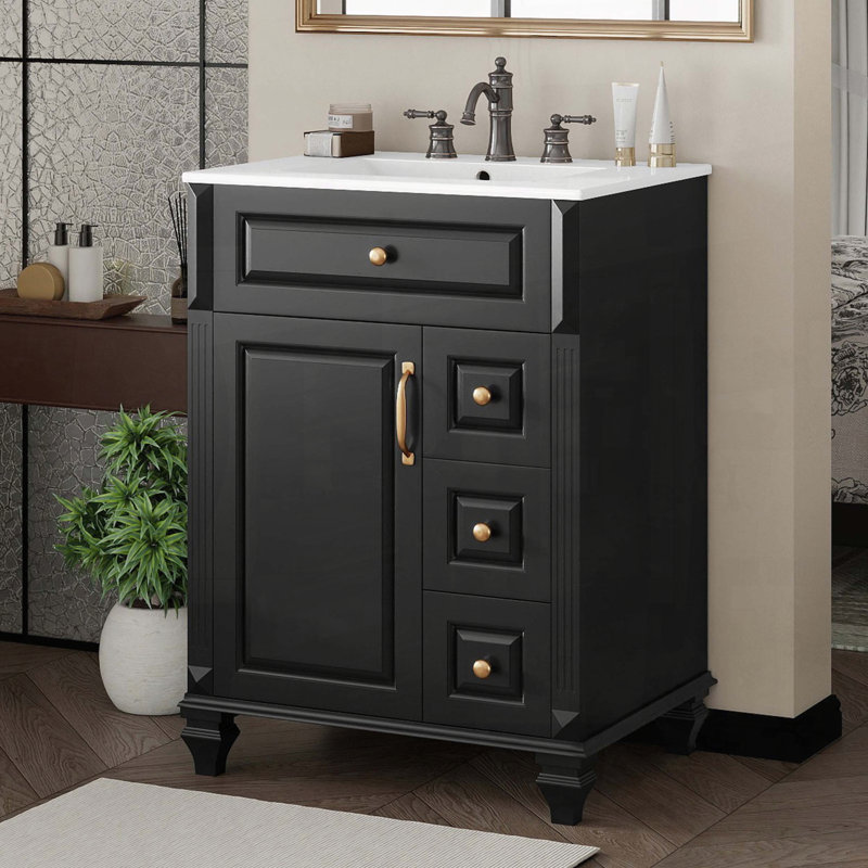 Meuble-lavabo de 24 po en bois massif avec tiroir rabattable et rangement spacieux, Black