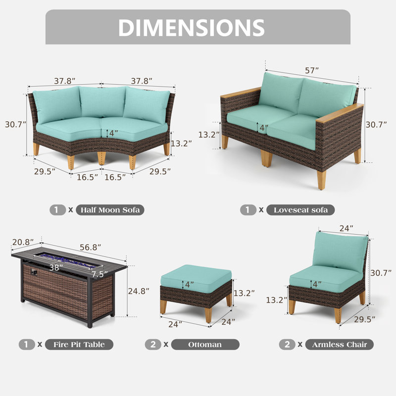 Salem Wicker Outdoor Patio Conversation Furniture Sectional Set with Fire Pit Table, Blue, Yes