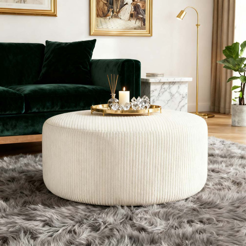 Upholstered Round Ottoman, White