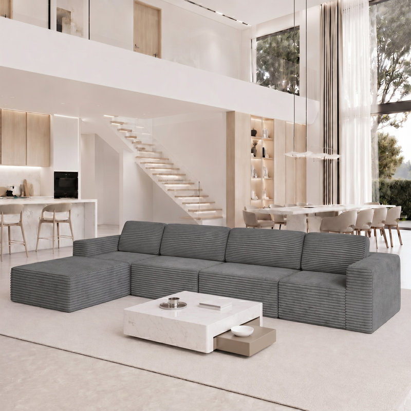 Modular Oversize 404cm Corduroy Boneless Sofa With Ottomans Reversible, No Assembly Required, Grey