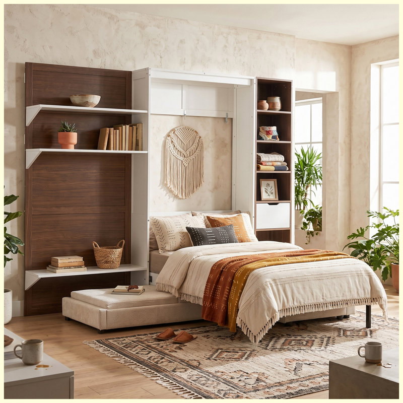 Lit escamotable une place avec armoire de rangement, étagères ouvertes et port USB, panneau imprimé paysage de montagne, lit mural gain de place, blanc, pour chambre à coucher et chambre d'amis