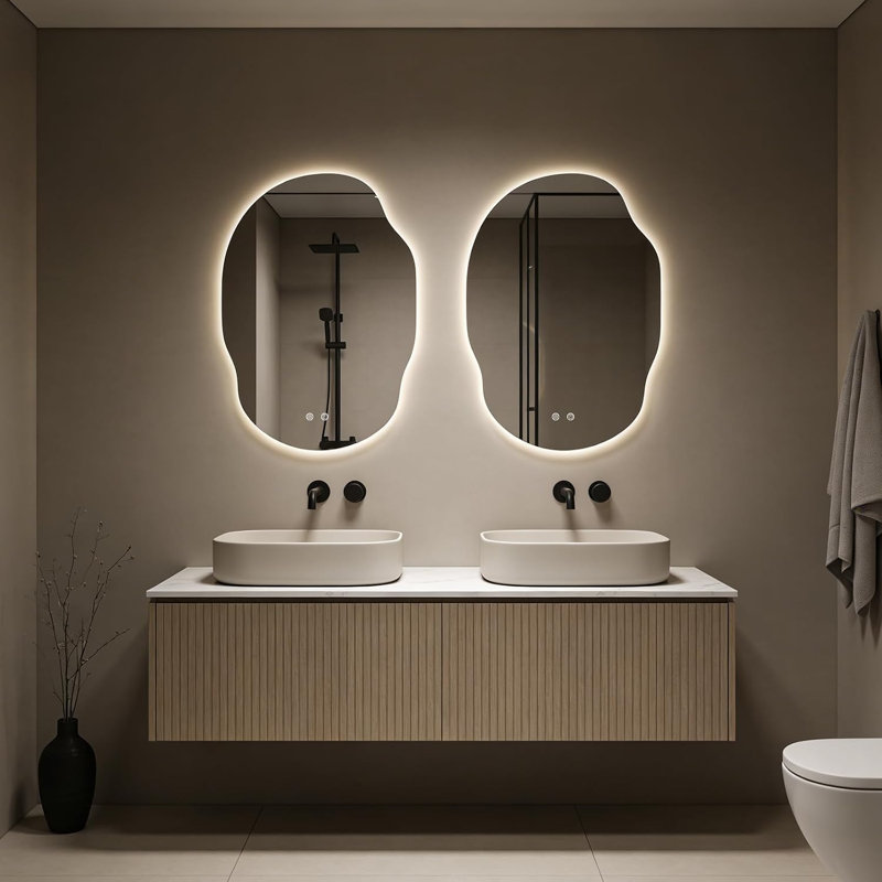 Miroir de salle de bain asymétrique DEL 31 po x 22 po - Miroir de courtoisie rétroéclairé avec antibuée, éclairage à intensité variable en 3 couleurs et fonction mémoire