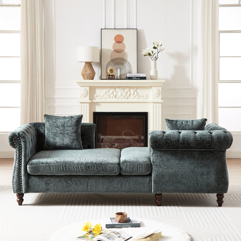 81-inch Chenille Chaise With Button Seat And Back, Nailhead Trim, Rolled Arms For Living Room, Lounge Office, 1 Face-face Grace, 2 Pillows,