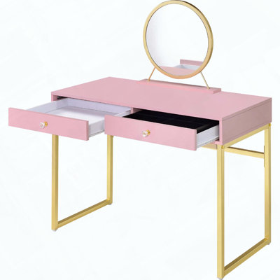 2 Drawers Vanity Desk with Mirror and Jewelry Tray, Pink and Gold