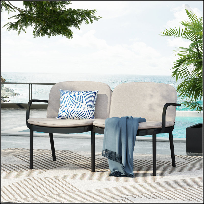 Luna Outdoor Patio PP Loveseat, Black Frame, Weather-Resistant And Comfortable For Any Outdoor Setting