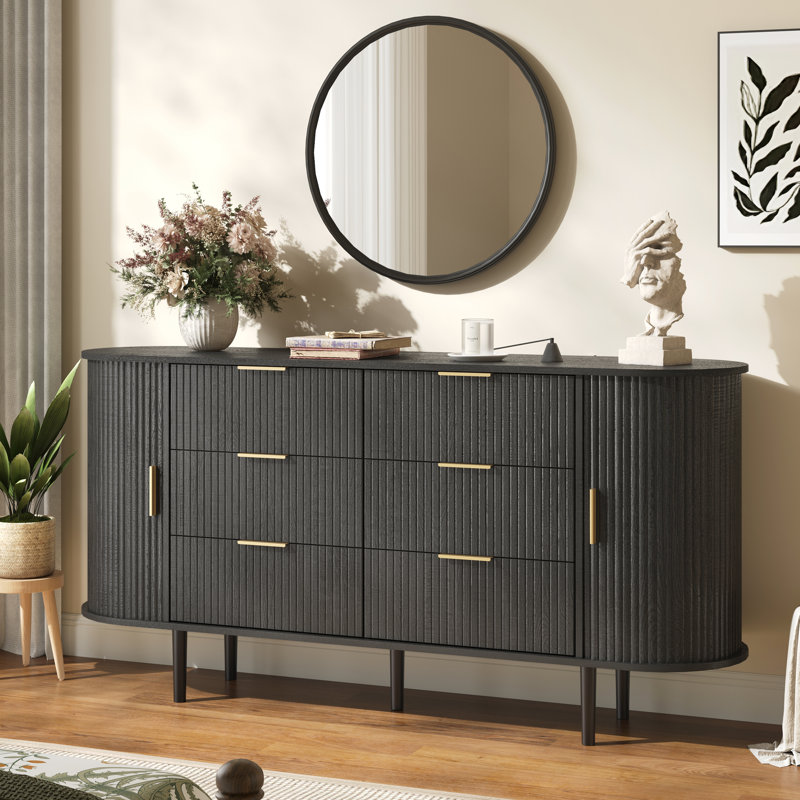 Modern 6 Drawer Dresser, 63-Inch Wood Chest Of Drawers, Curved Anti-Collision Design, Mid-Century Storage Cabinet,Fluted Double,Natural Texture, For Bedroom, Living Room, TV Stand, Nursery,Black