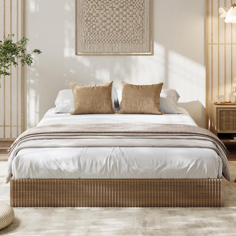 King Bed Frame, Wood Platform Bed with Fluted Design, Low Profile, Noise-Free, Walnut Finish, Minimalist Style, No Box Spring Required