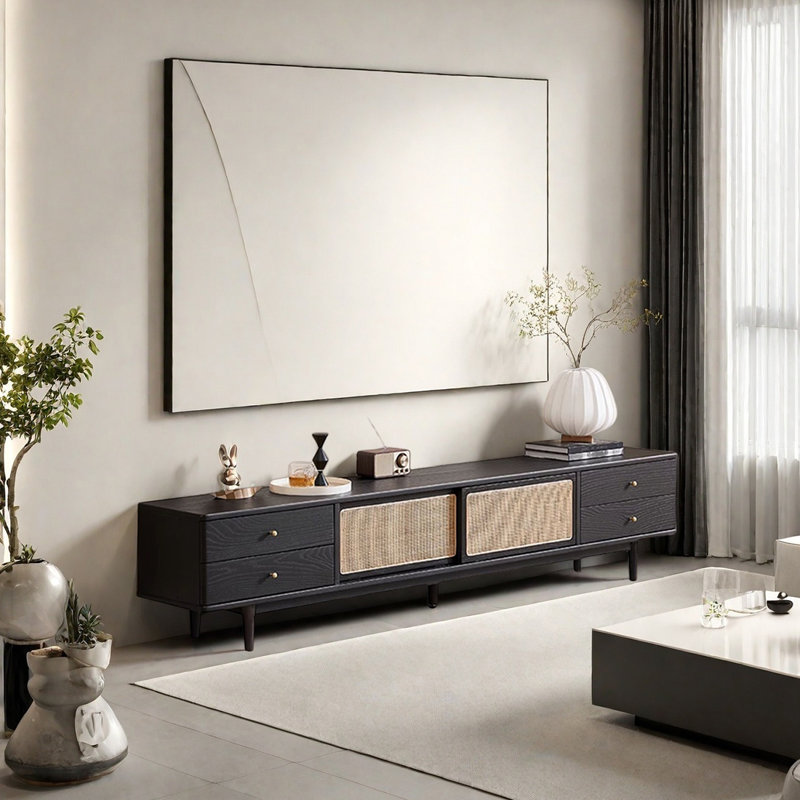 Solid Oak TV Stand with Sliding Rattan Cabinet, 17.71"H x 86.61"L x 13.77"W