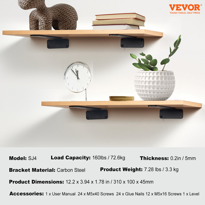 VEVOR Shelf Bracket, 12”L x 4”W x 1.6”H 6 Pcs, Heavy Duty Floating Shelf Brackets, 1" H x 12" W x 3" D
