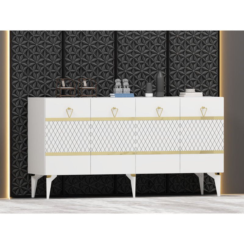 Console moderne blanc et or, panneau de particules recouvert de mélamine à 100%, épaisseur: 0,7 pouce | Plusieurs tablettes, conception à fixation murale, esthétique géométrique élégante pour la décoration intérieure