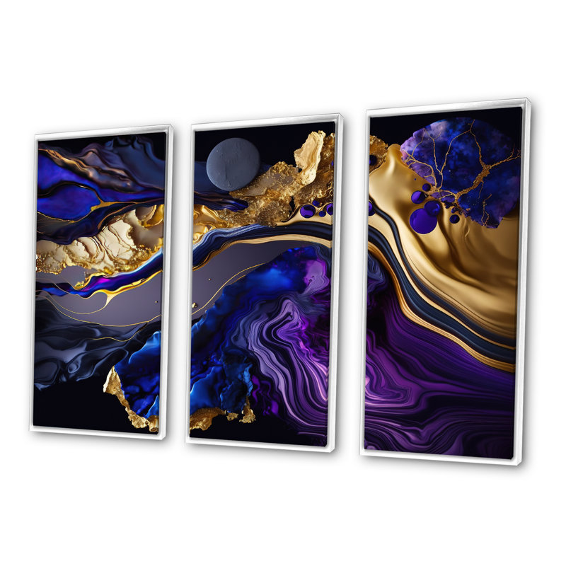 Géode abstraite en marbre mauve et bleu - 3 pièces sur toile, Cadre flottant blanc, H 32 po x l 48 po x P 1 po