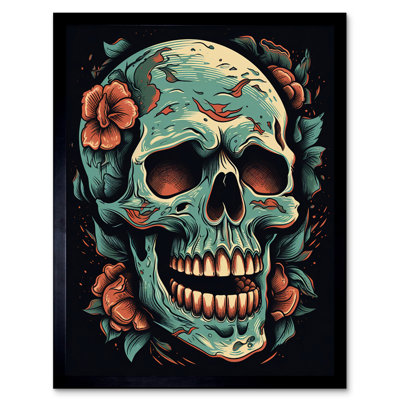 Photina Flowers Skull Old School USA Tattoo Ink Body Art Rockabilly Americana - Single Picture Frame Print